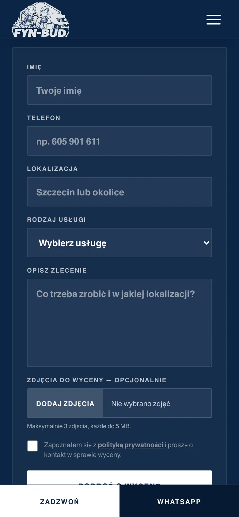 Formularz FYN-BUD z polem do dodania zdjęć do wyceny