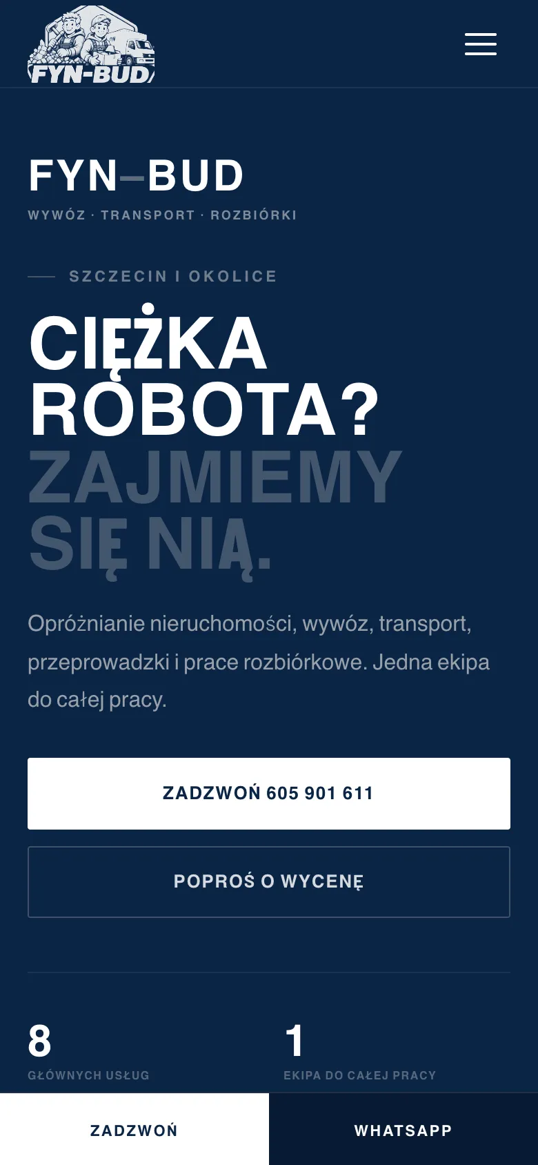 FYN-BUD na telefonie: numer w nagłówku i przyciski Zadzwoń i WhatsApp na dole ekranu