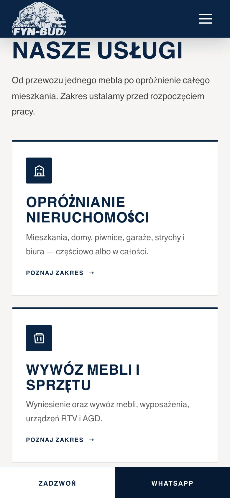 Lista usług FYN-BUD, każda z własnym opisem