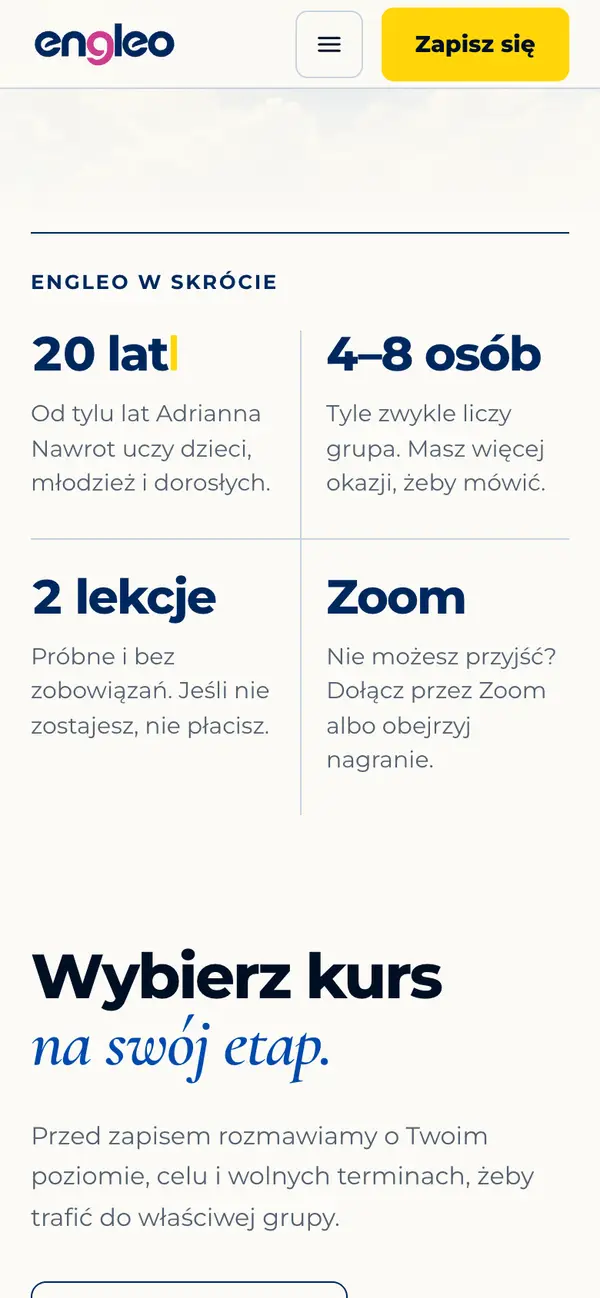 engleo na telefonie: przycisk Zapisz się i wybór kursu według etapu
