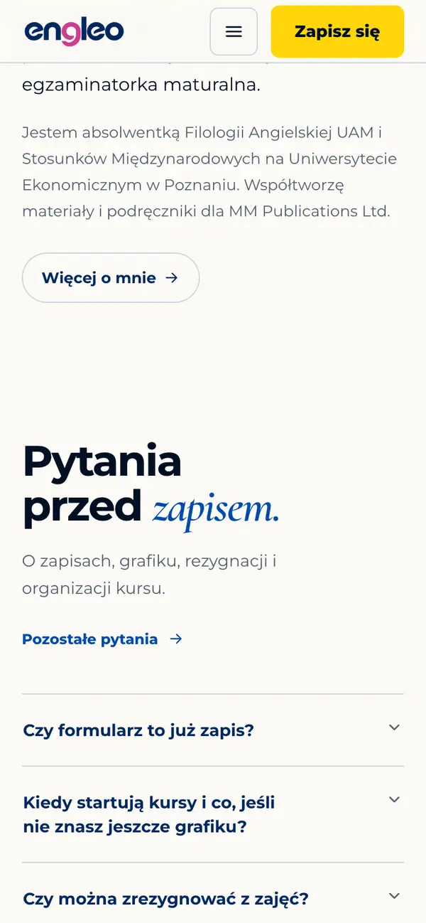 engleo: sekcja Pytania przed zapisem z rozwijanymi odpowiedziami