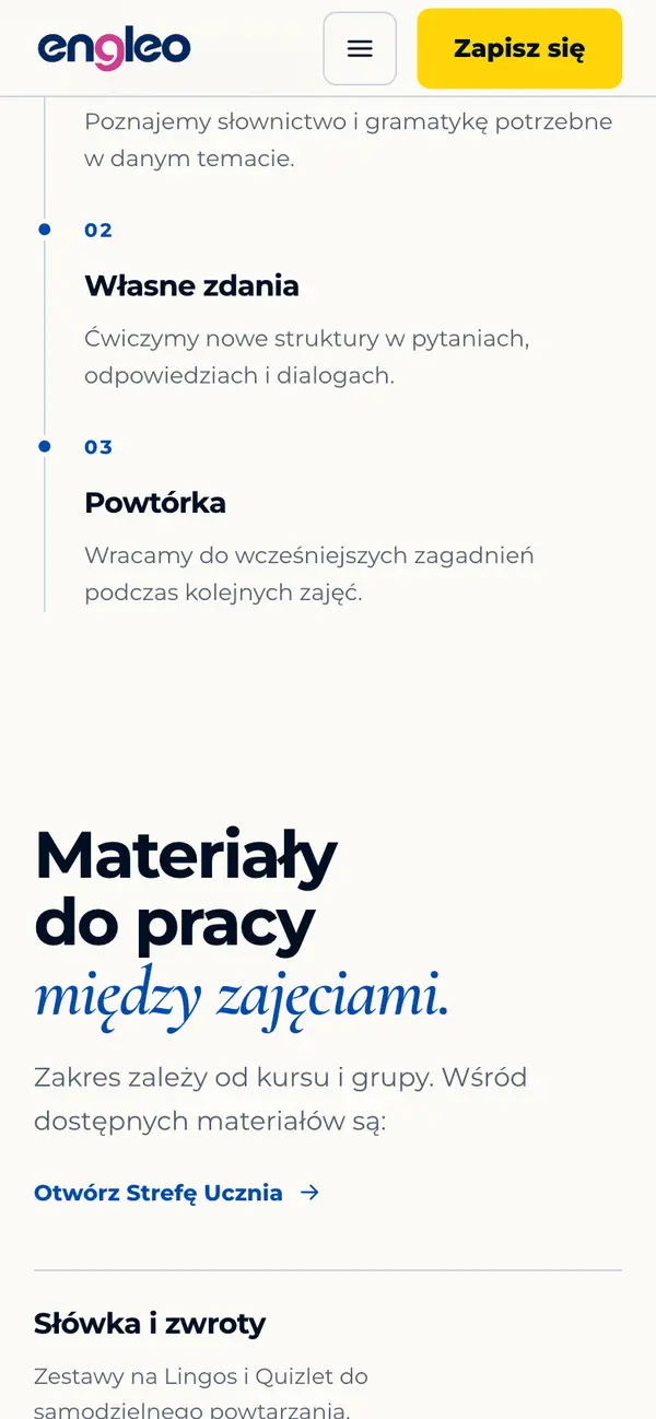 engleo: sekcja Materiały do pracy między zajęciami z linkiem Otwórz Strefę Ucznia