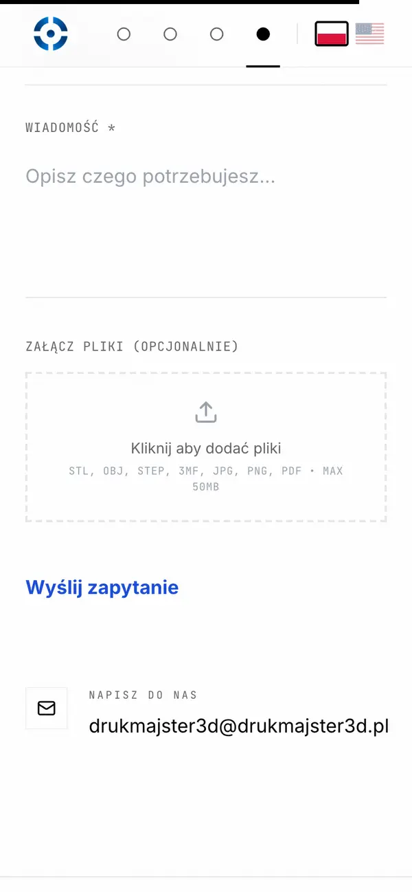 Formularz DrukMajster3D na telefonie z polem do załączenia plików STL, OBJ, STEP i zdjęć